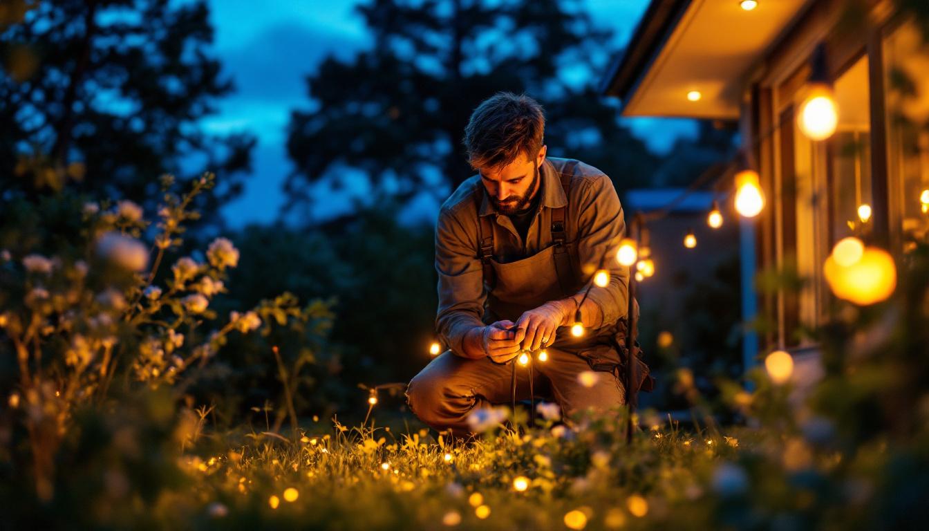 A photograph of a skilled lighting contractor expertly installing vintage solar lights in a beautifully landscaped outdoor setting