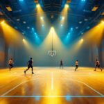 A photograph of a well-lit barn basketball court showcasing vibrant lighting fixtures