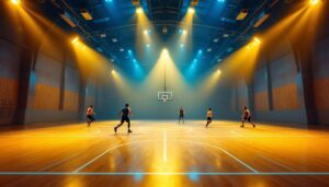 A photograph of a well-lit barn basketball court showcasing vibrant lighting fixtures