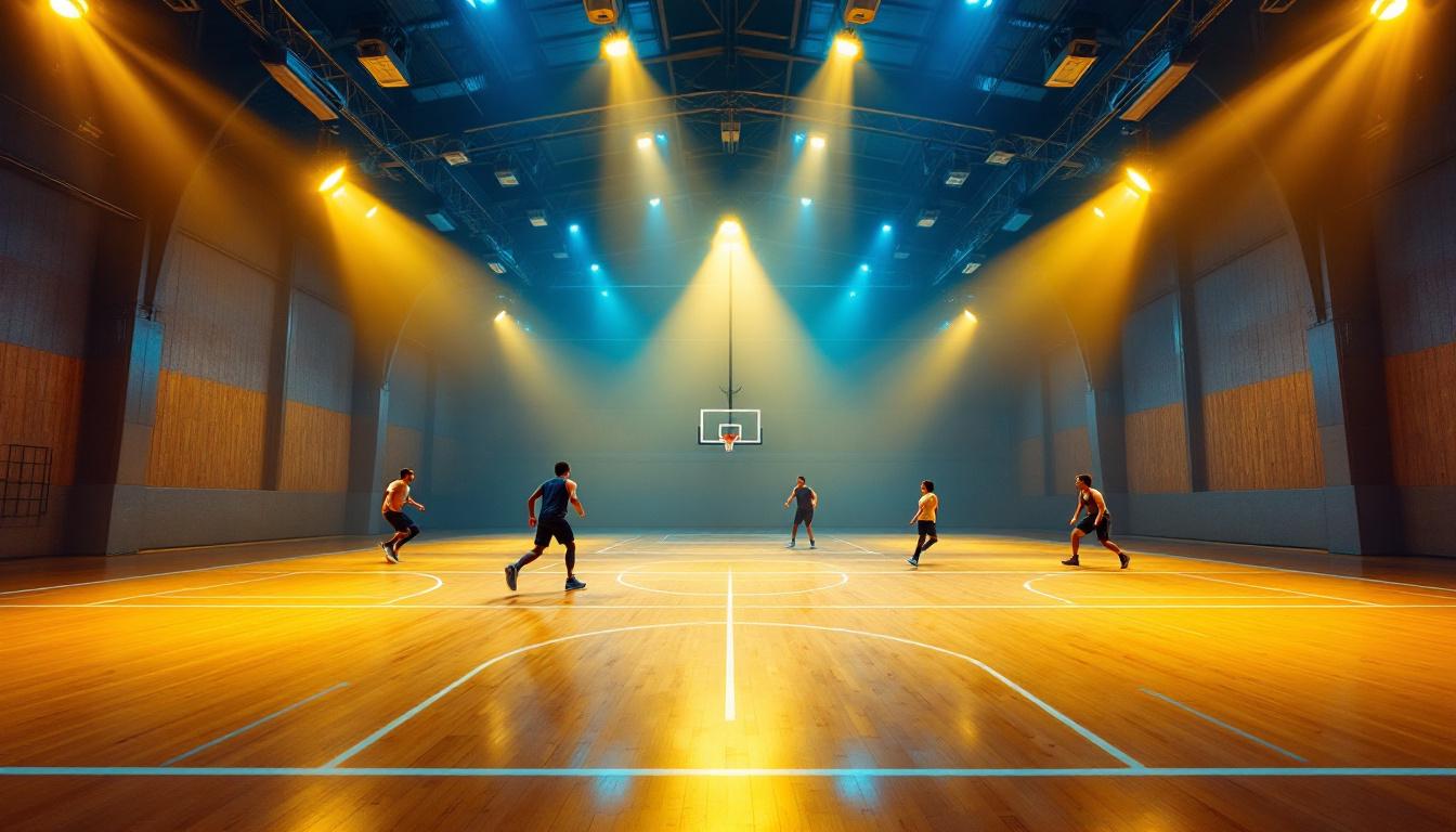A photograph of a well-lit barn basketball court showcasing vibrant lighting fixtures