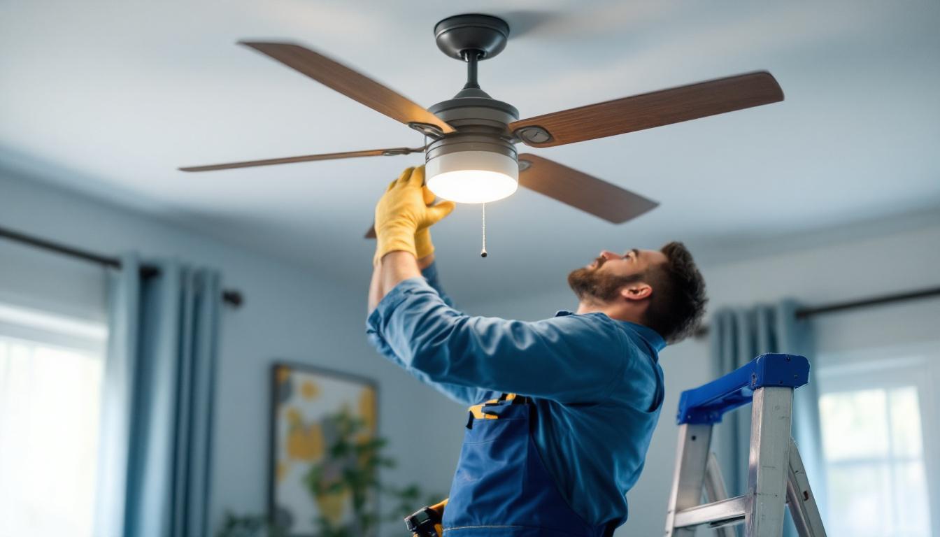 A photograph of a lighting contractor carefully replacing a ceiling fan light fixture in a well-lit room