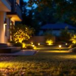 A photograph of a beautifully landscaped outdoor space illuminated by a variety of decorative flood light fixtures