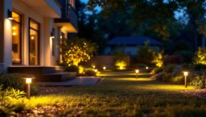 A photograph of a beautifully landscaped outdoor space illuminated by a variety of decorative flood light fixtures