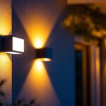 A photograph of a beautifully illuminated extra-large outdoor wall light installed on a home exterior