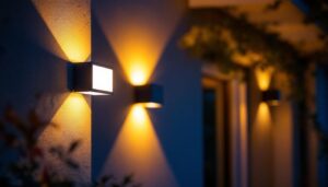 A photograph of a beautifully illuminated extra-large outdoor wall light installed on a home exterior