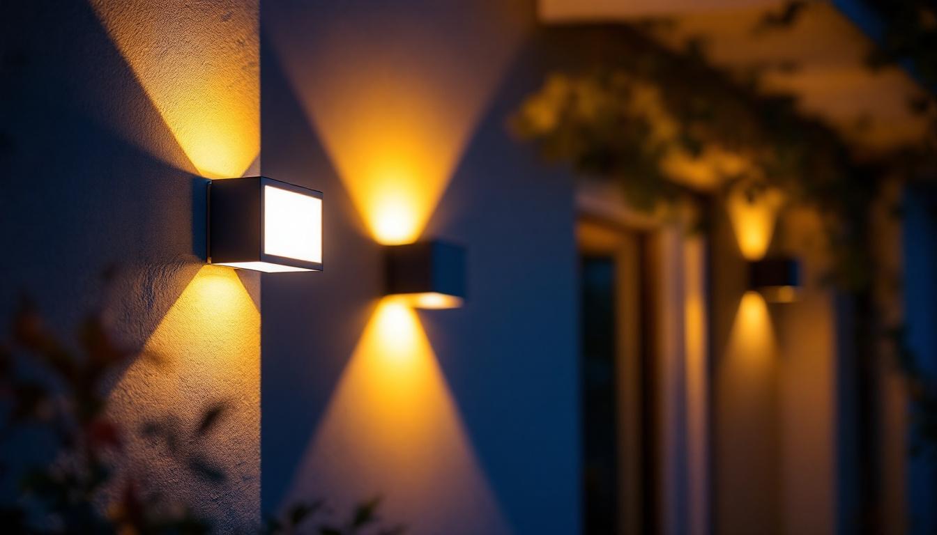 A photograph of a beautifully illuminated extra-large outdoor wall light installed on a home exterior