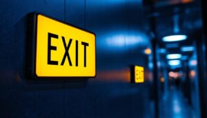 A photograph of a well-lit egress signage installation in a commercial setting