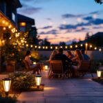 A photograph of a beautifully illuminated outdoor space featuring various styles of at-home solar lights