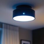 A photograph of a ceiling mount motion sensor light installed in a modern residential or commercial space