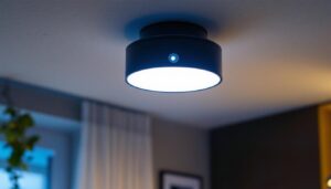 A photograph of a ceiling mount motion sensor light installed in a modern residential or commercial space
