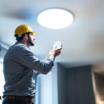 A photograph of a lighting contractor skillfully installing a sleek led recessed lighting kit in a modern home setting