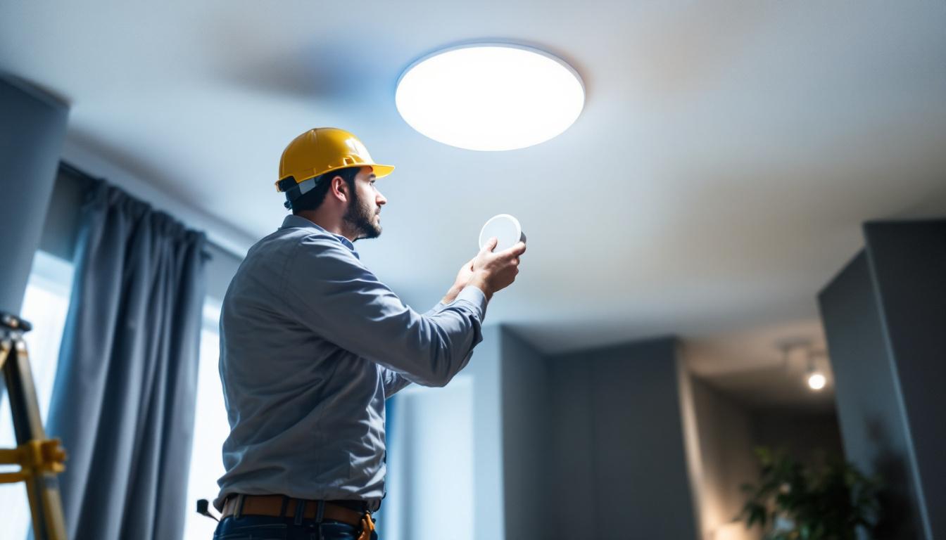 A photograph of a lighting contractor skillfully installing a sleek led recessed lighting kit in a modern home setting
