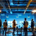 A photograph of a well-lit industrial workspace featuring team members engaged in a training session about ceiling lighting