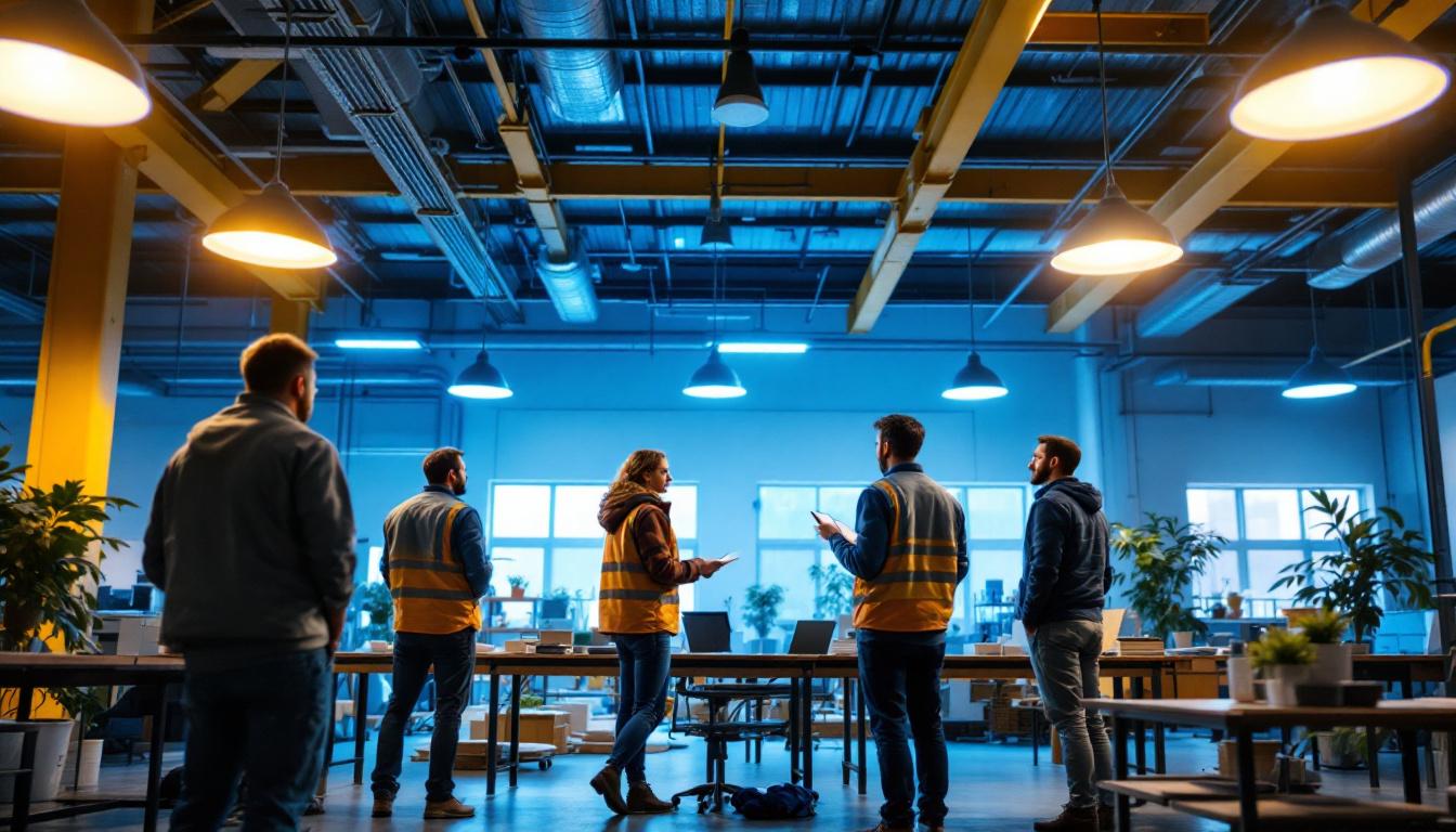 A photograph of a well-lit industrial workspace featuring team members engaged in a training session about ceiling lighting