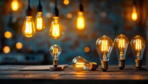 A photograph of a beautifully arranged display of vintage-style led bulbs in various shapes and sizes