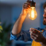 A photograph of a lighting contractor expertly replacing an old incandescent bulb with a modern led bulb in a residential setting