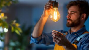 A photograph of a lighting contractor expertly replacing an old incandescent bulb with a modern led bulb in a residential setting
