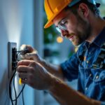 A photograph of a lighting contractor expertly installing or demonstrating a 3-way switch in a well-lit residential setting