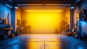 A photograph of a well-lit garage showcasing various led lighting installations