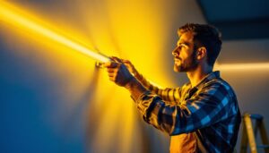 A photograph of a lighting contractor skillfully installing led tube strip lights in a modern interior setting