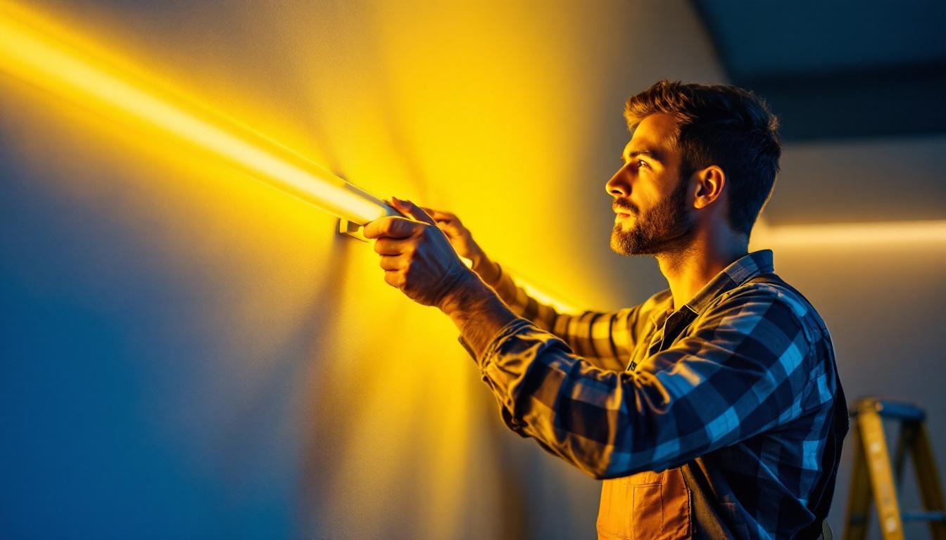 A photograph of a lighting contractor skillfully installing led tube strip lights in a modern interior setting