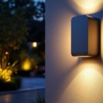 A photograph of a stylish contemporary outdoor led wall light illuminating a modern outdoor space
