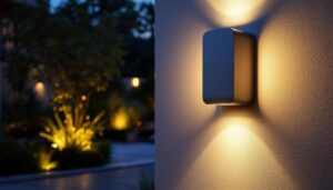 A photograph of a stylish contemporary outdoor led wall light illuminating a modern outdoor space