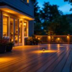 A photograph of a beautifully illuminated outdoor deck at dusk
