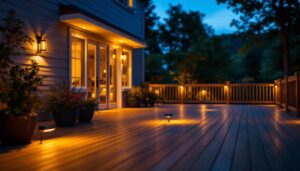 A photograph of a beautifully illuminated outdoor deck at dusk