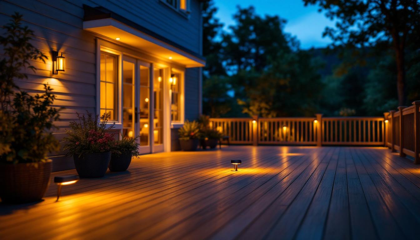 A photograph of a beautifully illuminated outdoor deck at dusk