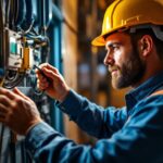 A photograph of a lighting contractor expertly installing a heavy-duty switch in a well-lit