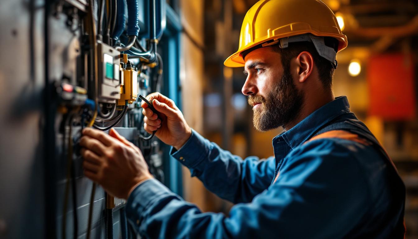 A photograph of a lighting contractor expertly installing a heavy-duty switch in a well-lit