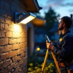 A photograph of a lighting contractor installing a dusk till dawn floodlight in a residential setting