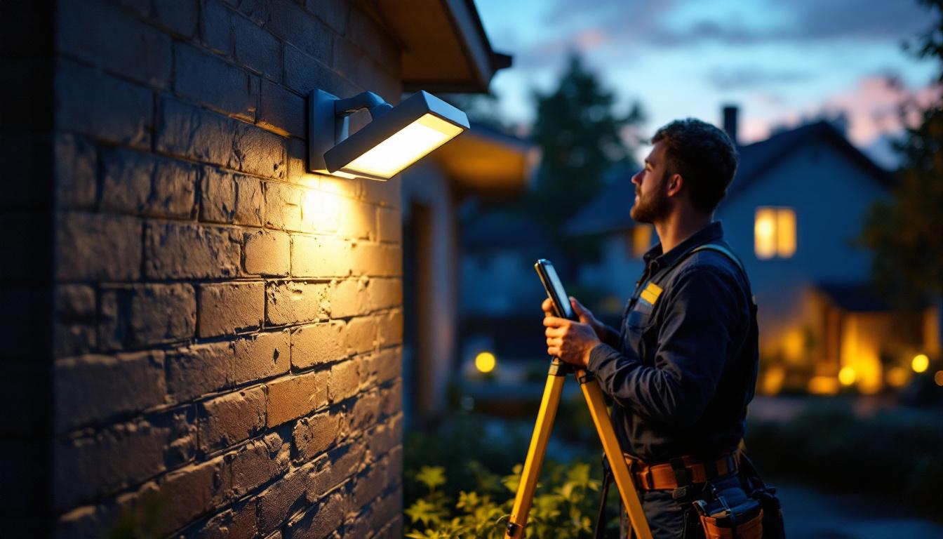 A photograph of a lighting contractor installing a dusk till dawn floodlight in a residential setting