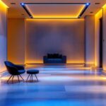 A photograph of a well-lit interior space showcasing recessed floor lighting in action