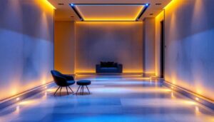 A photograph of a well-lit interior space showcasing recessed floor lighting in action