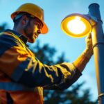 A photograph of a lighting contractor expertly installing or adjusting a pole light in an outdoor setting