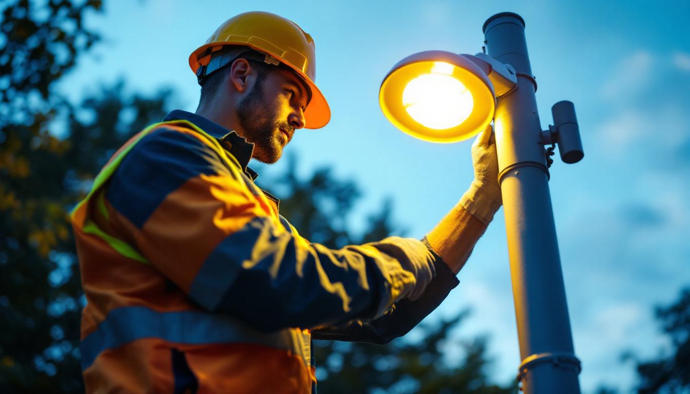 A photograph of a lighting contractor expertly installing or adjusting a pole light in an outdoor setting