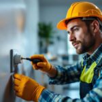 A photograph of a lighting contractor installing or inspecting a plug-in receptacle in a residential or commercial setting
