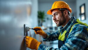 A photograph of a lighting contractor installing or inspecting a plug-in receptacle in a residential or commercial setting