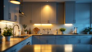 A photograph of a well-lit kitchen featuring stylish led over cabinet lighting that highlights the cabinetry and creates an inviting atmosphere