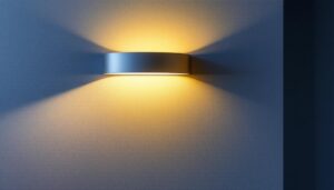 A photograph of a stylish wide wall sconce mounted on a beautifully textured wall