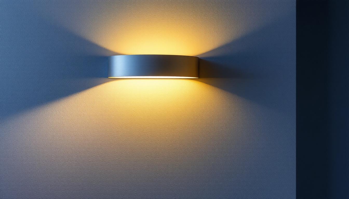 A photograph of a stylish wide wall sconce mounted on a beautifully textured wall
