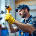 A photograph of a lighting contractor in action