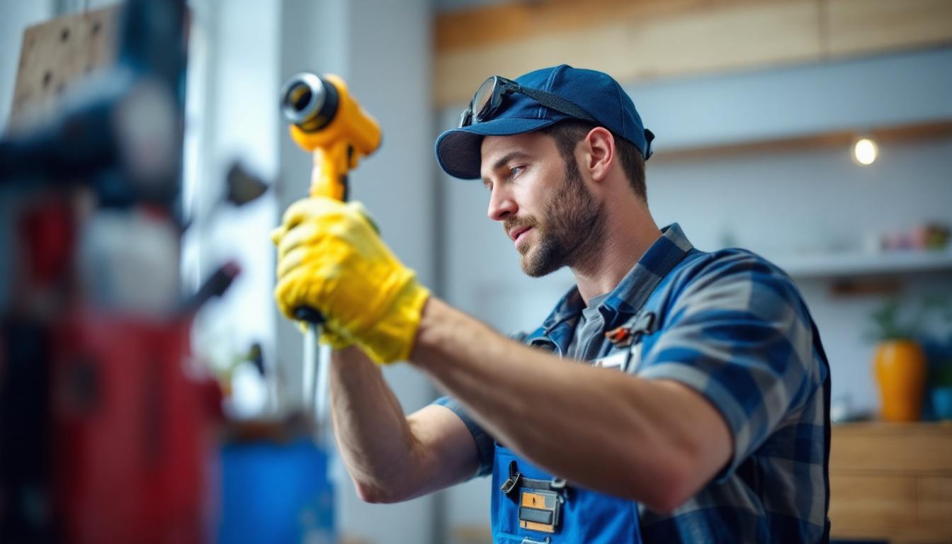 A photograph of a lighting contractor in action