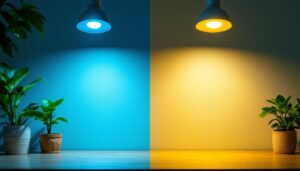 A photograph of a well-lit workspace featuring a side-by-side comparison of a traditional fluorescent fixture and a modern led replacement fixture