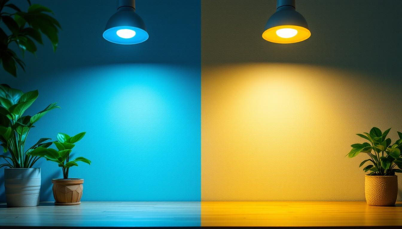 A photograph of a well-lit workspace featuring a side-by-side comparison of a traditional fluorescent fixture and a modern led replacement fixture