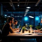 A photograph of a well-lit workspace featuring the f032 841 eco lighting system in action