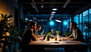 A photograph of a well-lit workspace featuring the f032 841 eco lighting system in action