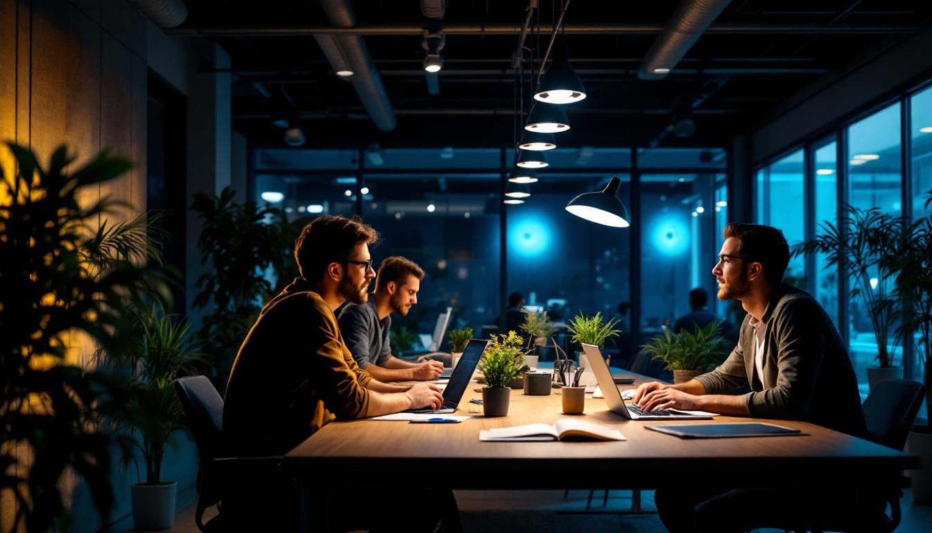 A photograph of a well-lit workspace featuring the f032 841 eco lighting system in action